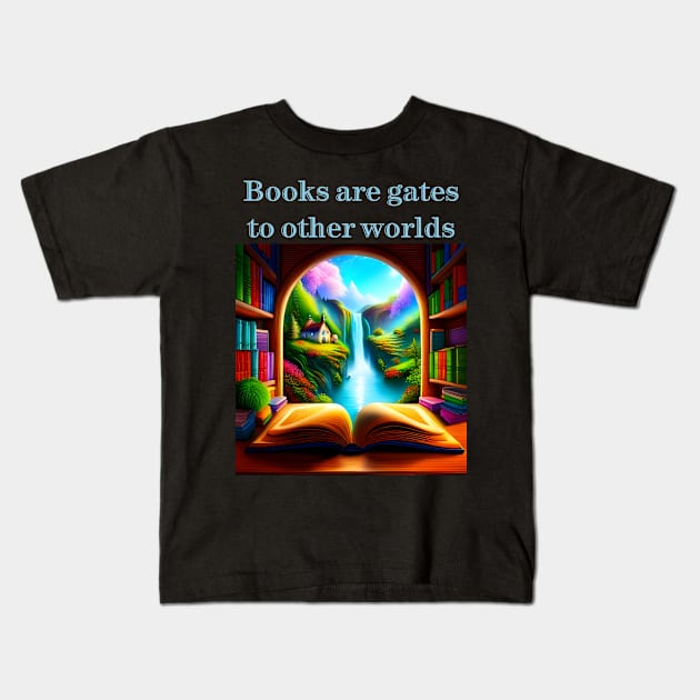 Books are gates to other worlds Kids T-Shirt by FineArtworld7